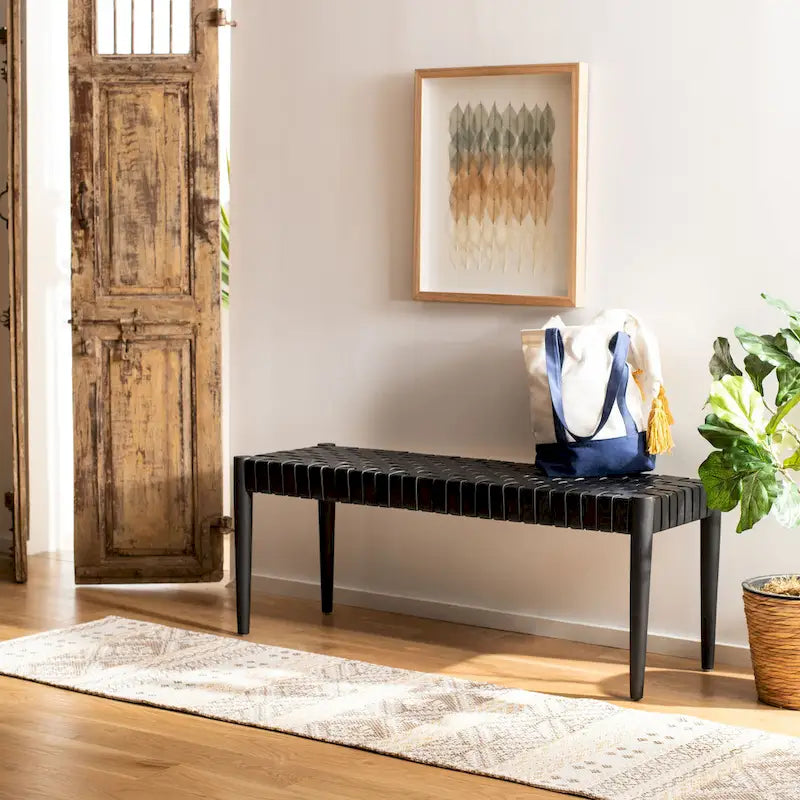 Banc en bois et cuir – 47Lx16Px18H