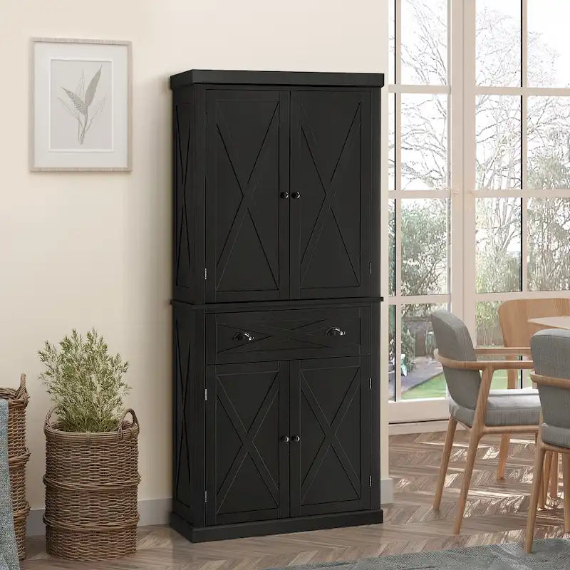 Armoire de cuisine indépendante de style ferme moderne à 4 portes, organisateur de rangement à 6 niveaux