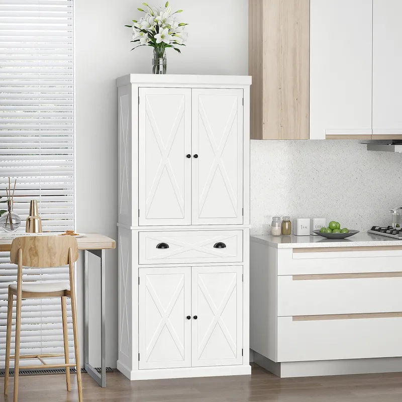 Armoire de cuisine indépendante de style ferme moderne à 4 portes, organisateur de rangement à 6 niveaux