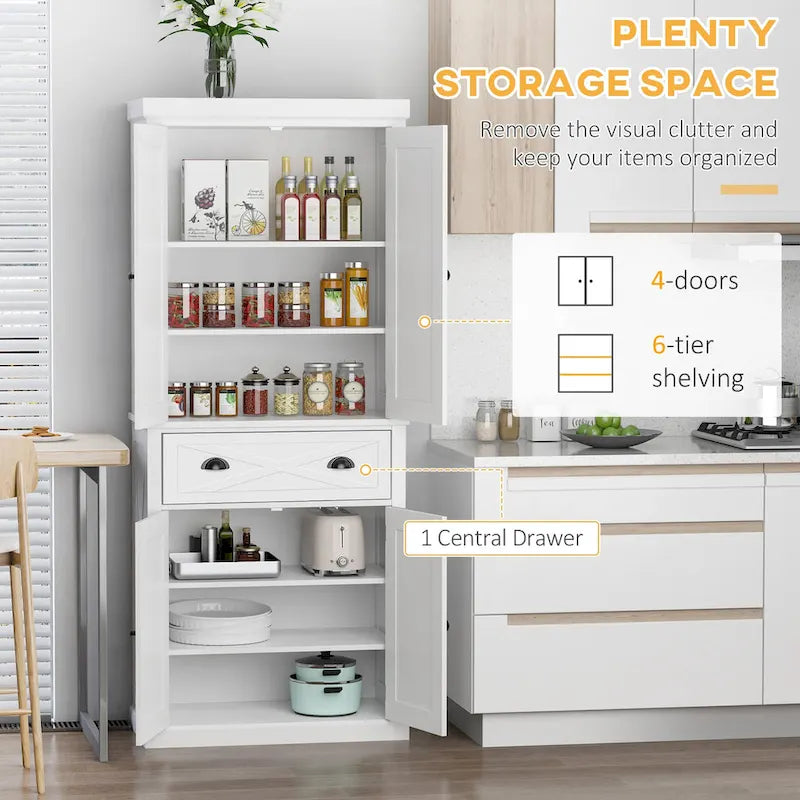 Armoire de cuisine indépendante de style ferme moderne à 4 portes, organisateur de rangement à 6 niveaux