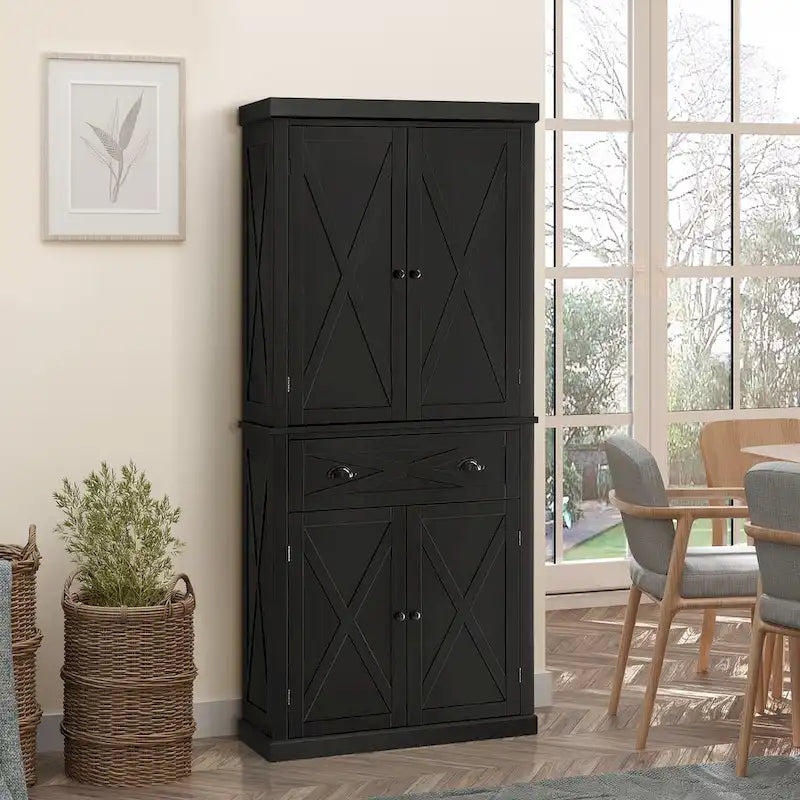 Armoire de cuisine indépendante de style ferme moderne à 4 portes, organisateur de rangement à 6 niveaux