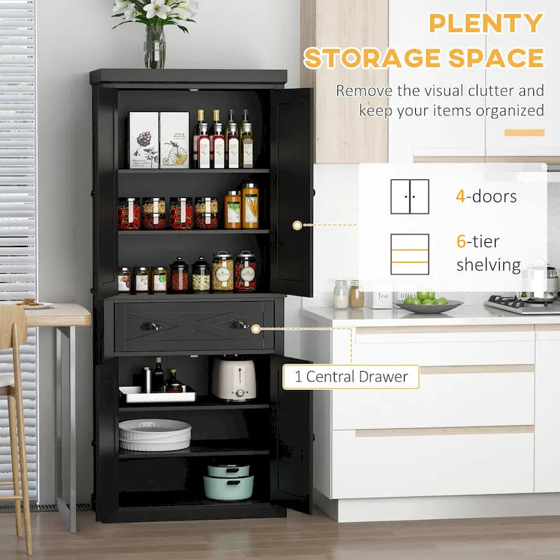 Armoire de cuisine indépendante de style ferme moderne à 4 portes, organisateur de rangement à 6 niveaux
