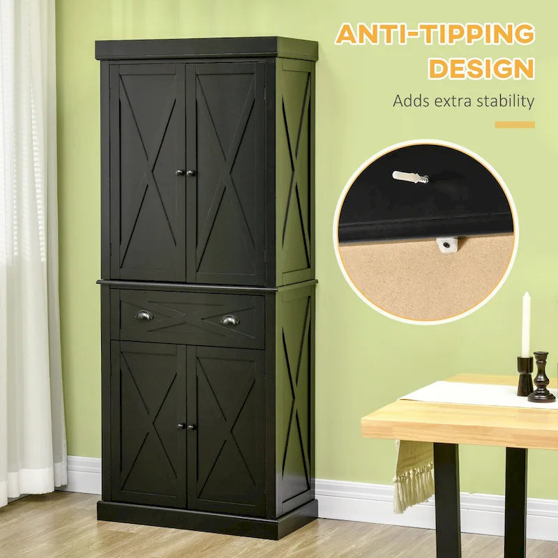 Armoire de cuisine indépendante de style ferme moderne à 4 portes, organisateur de rangement à 6 niveaux