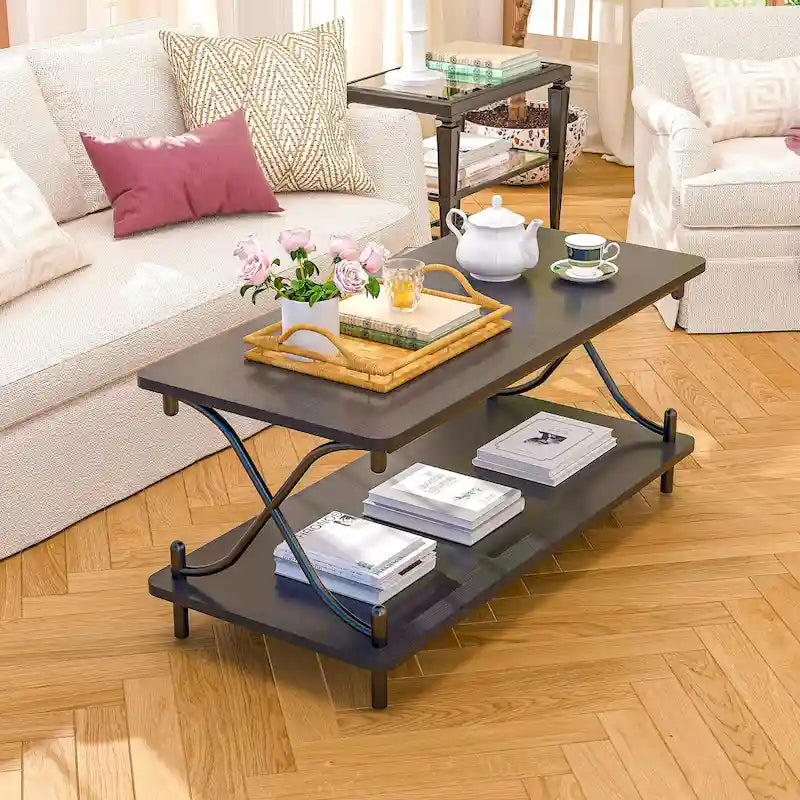 Table basse avec rangement et étagères ouvertes pour salon et salle à manger 99 cm, design rectangulaire moderne et industriel