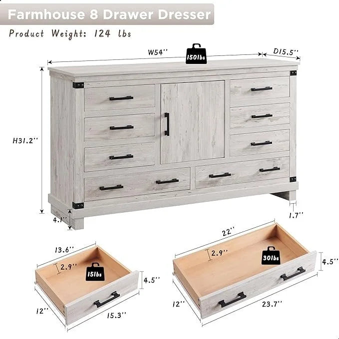 Commode de ferme à 8 tiroirs, Longue commode en bois, Commode de placard