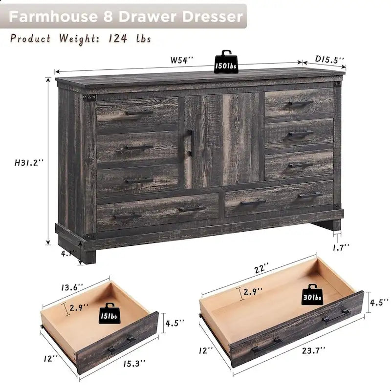 Commode de ferme à 8 tiroirs, Longue commode en bois, Commode de placard