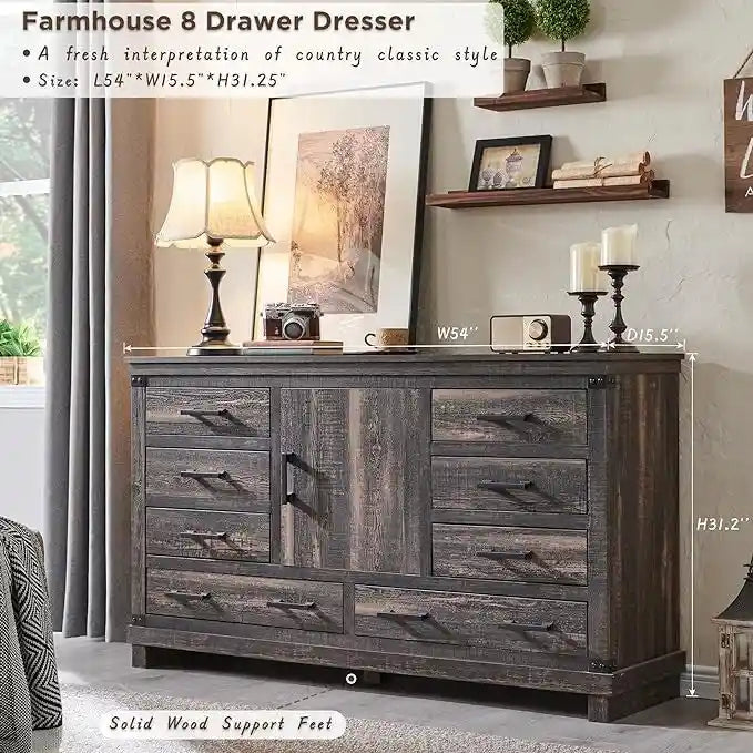 Commode de ferme à 8 tiroirs, Longue commode en bois, Commode de placard