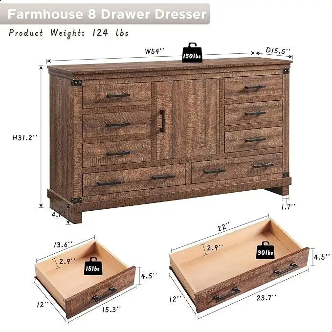 Commode de ferme à 8 tiroirs, Longue commode en bois, Commode de placard
