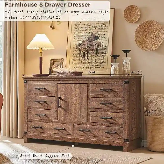 Commode de ferme à 8 tiroirs, Longue commode en bois, Commode de placard