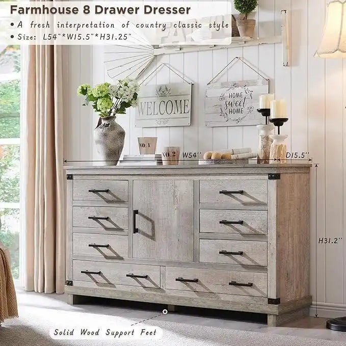 Commode de ferme à 8 tiroirs, Longue commode en bois, Commode de placard