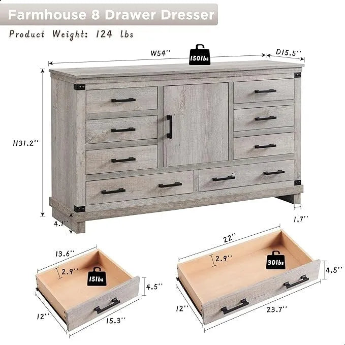 Commode de ferme à 8 tiroirs, Longue commode en bois, Commode de placard