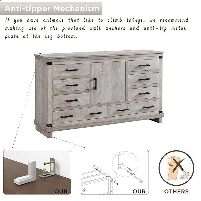 Commode de ferme à 8 tiroirs, Longue commode en bois, Commode de placard
