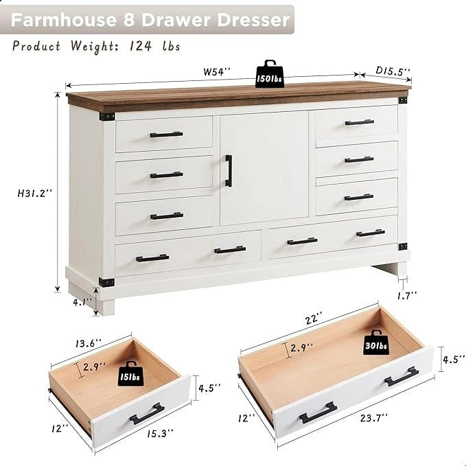Commode de ferme à 8 tiroirs, Longue commode en bois, Commode de placard
