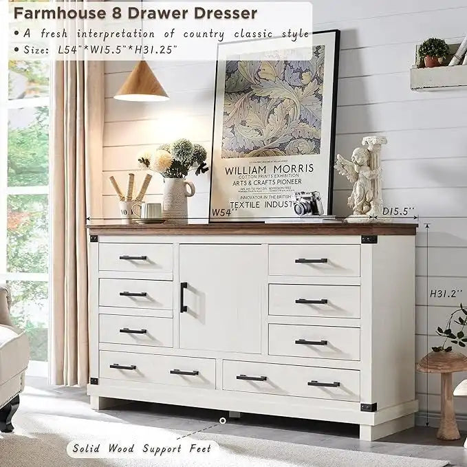 Commode de ferme à 8 tiroirs, Longue commode en bois, Commode de placard