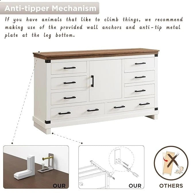 Commode de ferme à 8 tiroirs, Longue commode en bois, Commode de placard