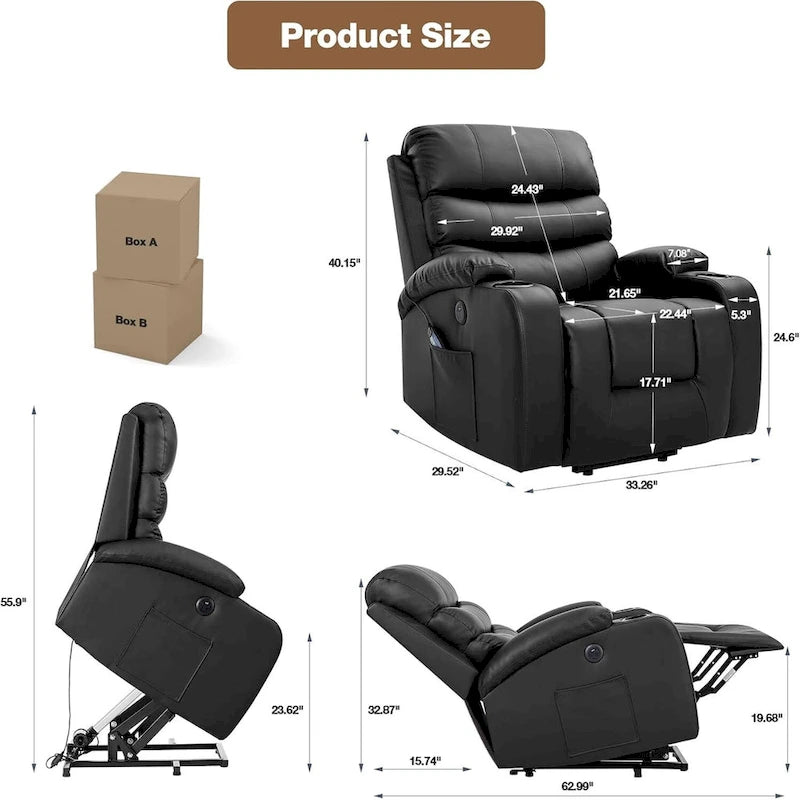 Fauteuil inclinable électrique surdimensionné avec massage et chauffage, en cuir PU avec poches, porte-gobelets et port USB