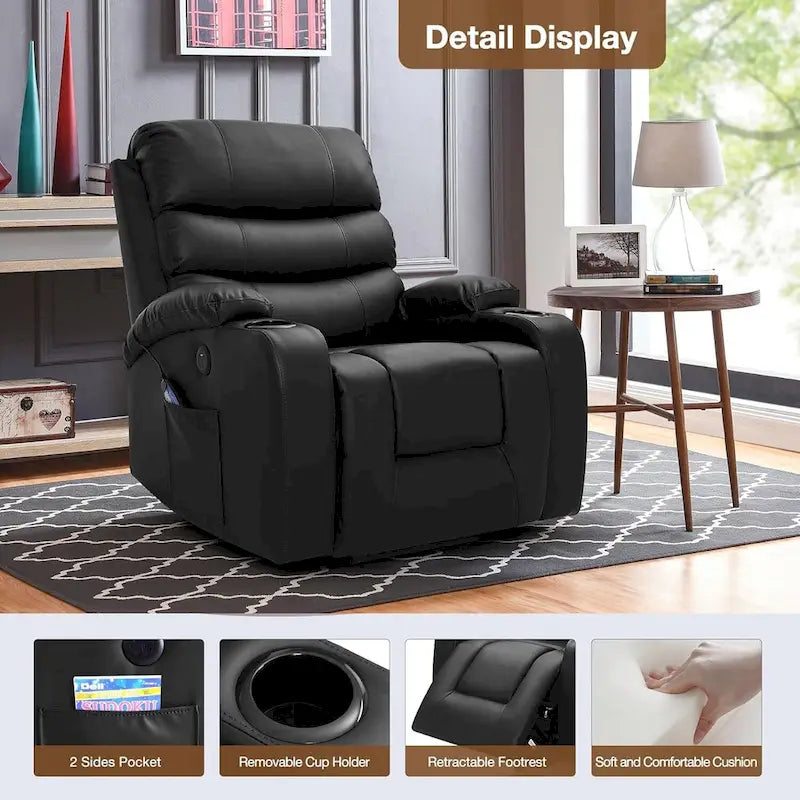 Fauteuil inclinable électrique surdimensionné avec massage et chauffage, en cuir PU avec poches, porte-gobelets et port USB