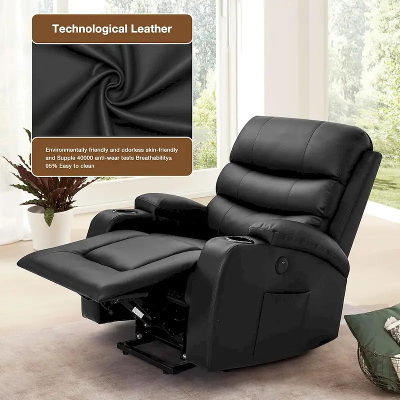 Fauteuil inclinable électrique surdimensionné avec massage et chauffage, en cuir PU avec poches, porte-gobelets et port USB