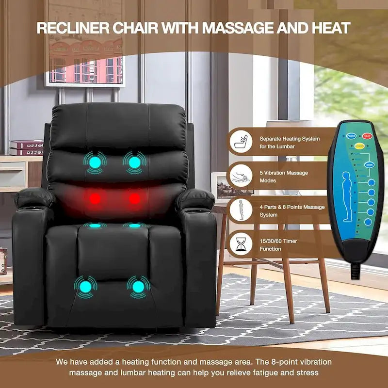 Fauteuil inclinable électrique surdimensionné avec massage et chauffage, en cuir PU avec poches, porte-gobelets et port USB
