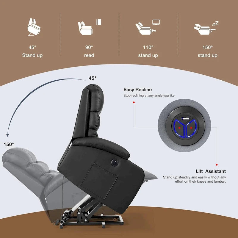 Fauteuil inclinable électrique surdimensionné avec massage et chauffage, en cuir PU avec poches, porte-gobelets et port USB