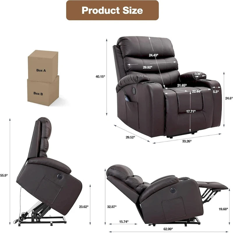 Fauteuil inclinable électrique surdimensionné avec massage et chauffage, en cuir PU avec poches, porte-gobelets et port USB