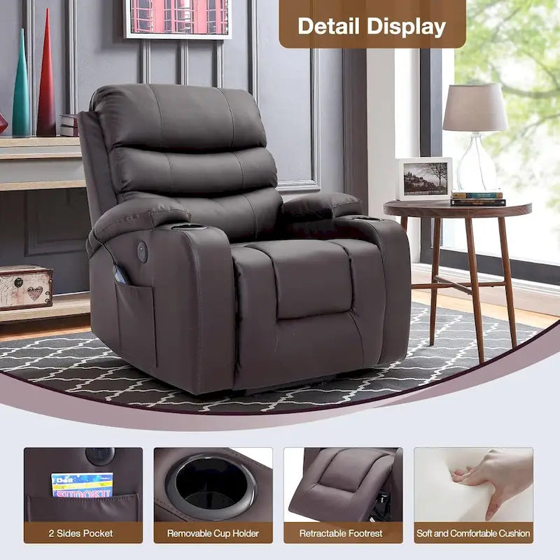 Fauteuil inclinable électrique surdimensionné avec massage et chauffage, en cuir PU avec poches, porte-gobelets et port USB