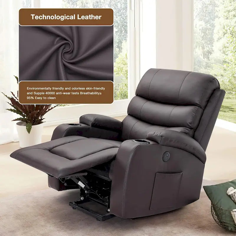 Fauteuil inclinable électrique surdimensionné avec massage et chauffage, en cuir PU avec poches, porte-gobelets et port USB