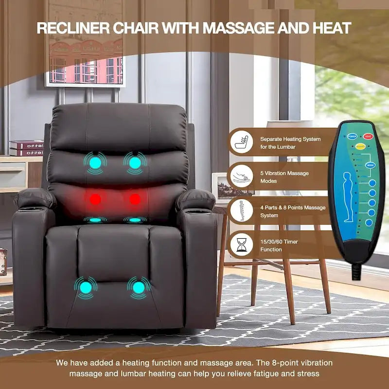 Fauteuil inclinable électrique surdimensionné avec massage et chauffage, en cuir PU avec poches, porte-gobelets et port USB