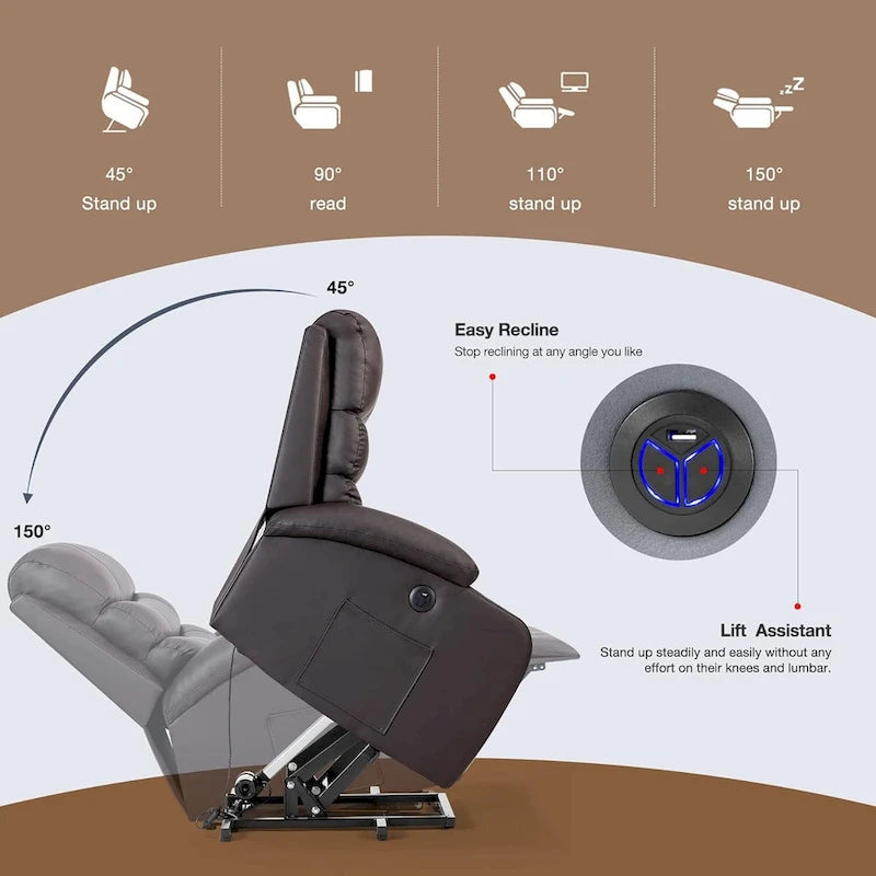 Fauteuil inclinable électrique surdimensionné avec massage et chauffage, en cuir PU avec poches, porte-gobelets et port USB
