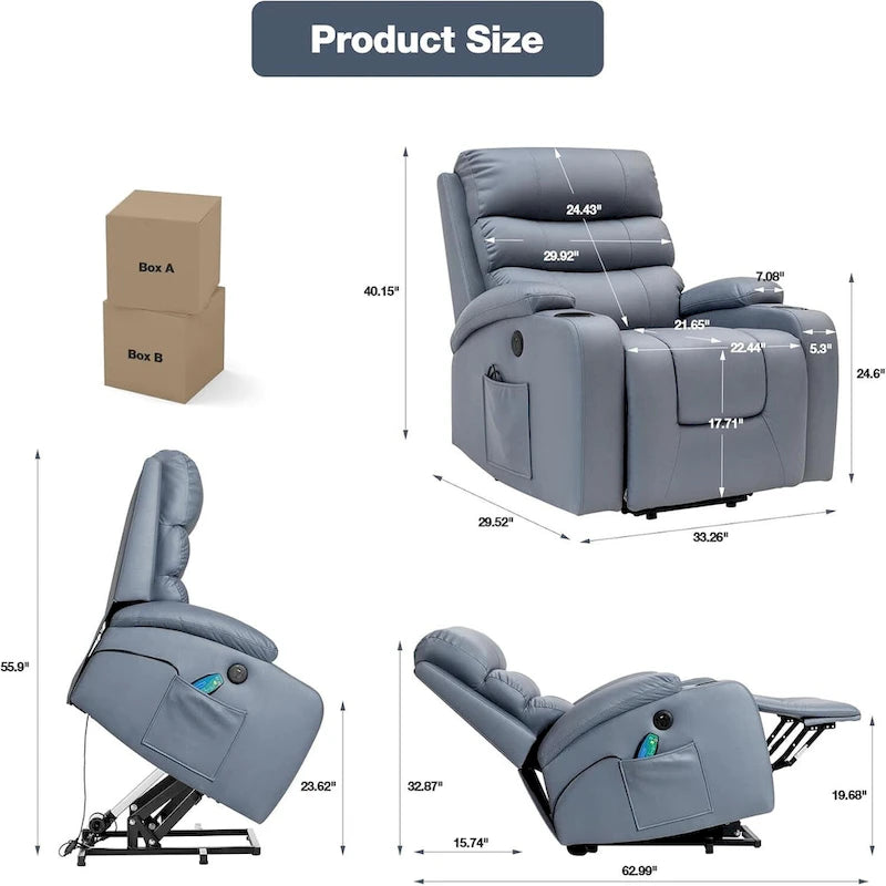 Fauteuil inclinable électrique surdimensionné avec massage et chauffage, en cuir PU avec poches, porte-gobelets et port USB