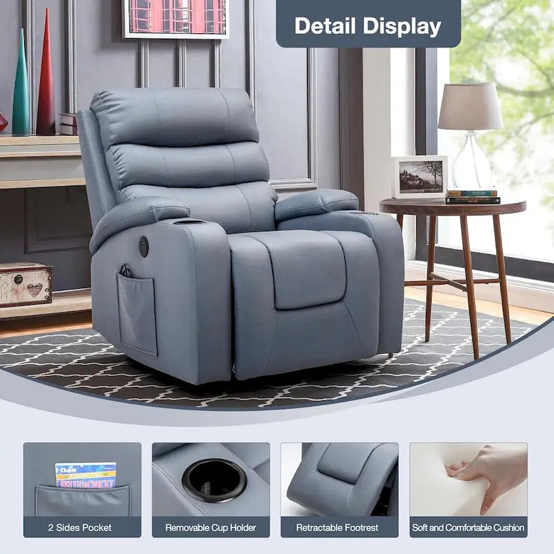 Fauteuil inclinable électrique surdimensionné avec massage et chauffage, en cuir PU avec poches, porte-gobelets et port USB