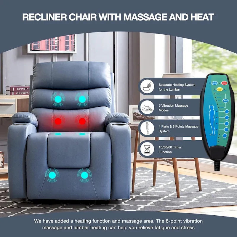 Fauteuil inclinable électrique surdimensionné avec massage et chauffage, en cuir PU avec poches, porte-gobelets et port USB
