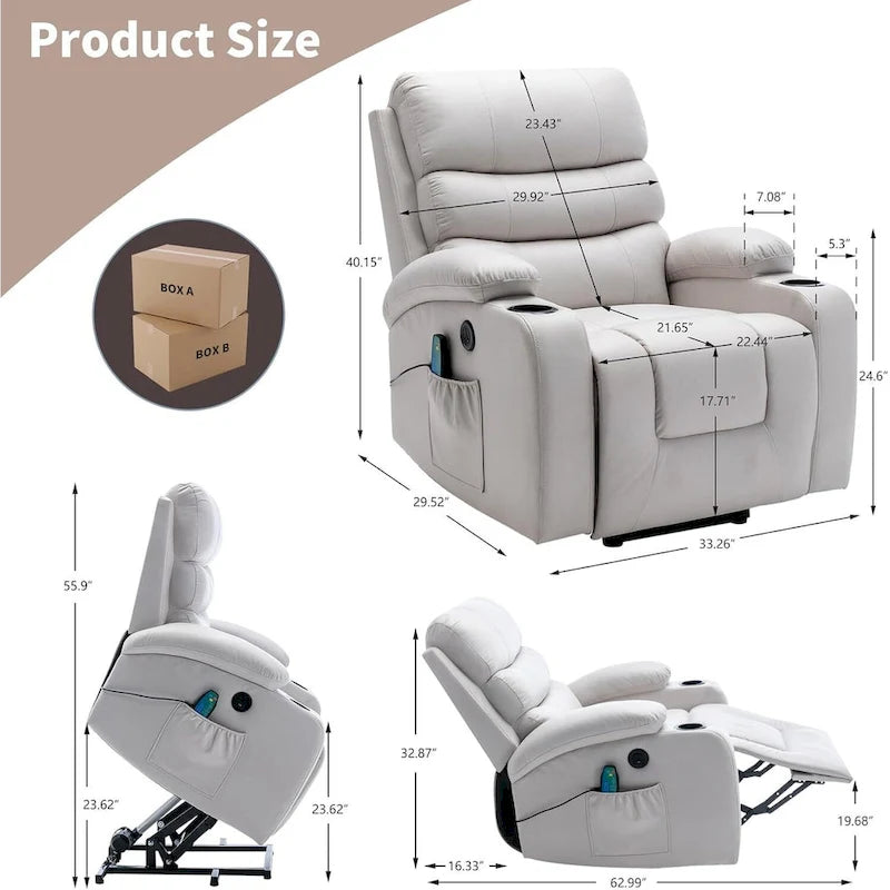 Fauteuil inclinable électrique surdimensionné avec massage et chauffage, en cuir PU avec poches, porte-gobelets et port USB