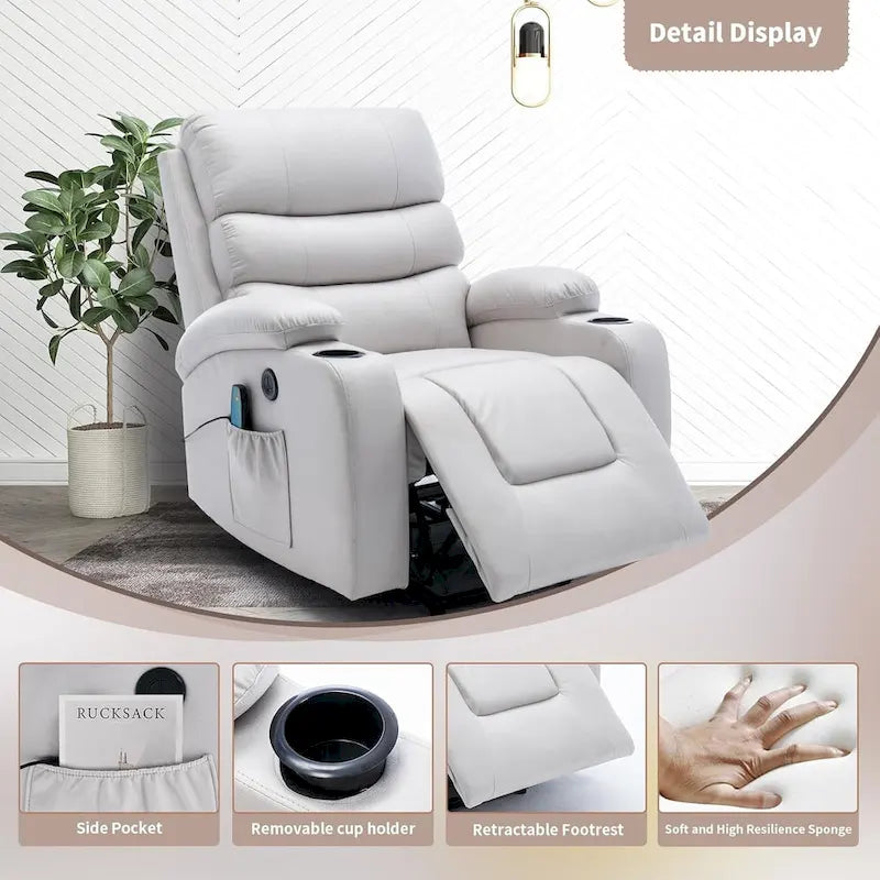 Fauteuil inclinable électrique surdimensionné avec massage et chauffage, en cuir PU avec poches, porte-gobelets et port USB