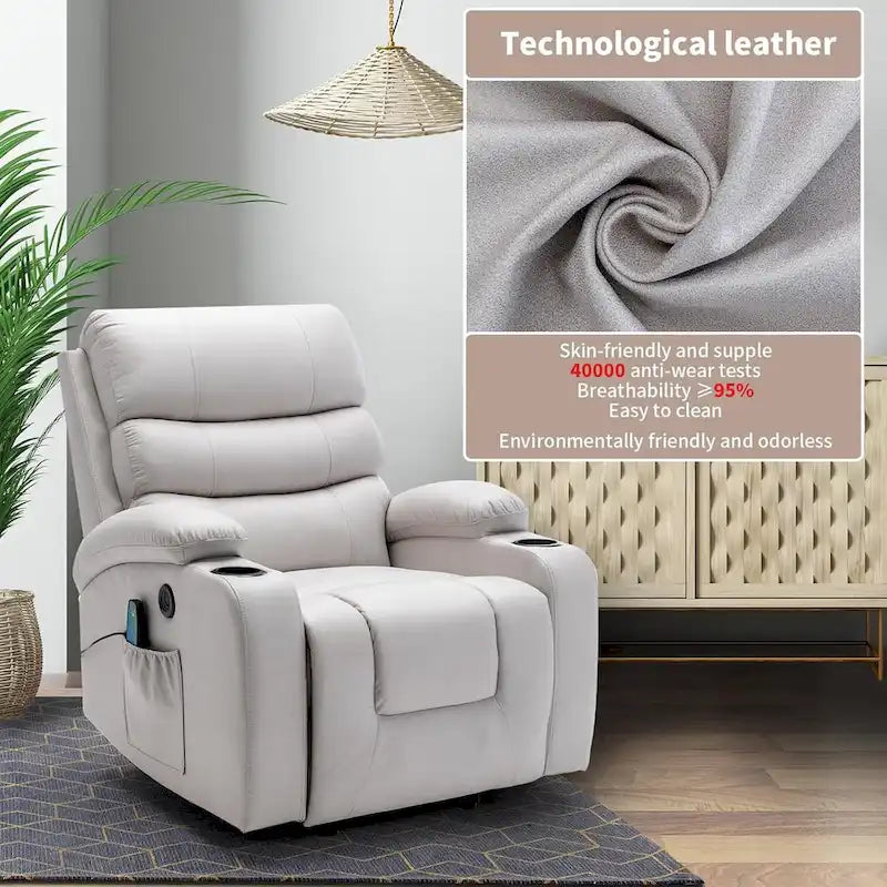 Fauteuil inclinable électrique surdimensionné avec massage et chauffage, en cuir PU avec poches, porte-gobelets et port USB