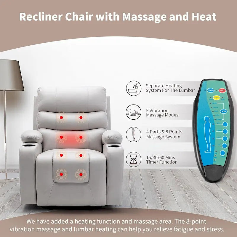 Fauteuil inclinable électrique surdimensionné avec massage et chauffage, en cuir PU avec poches, porte-gobelets et port USB