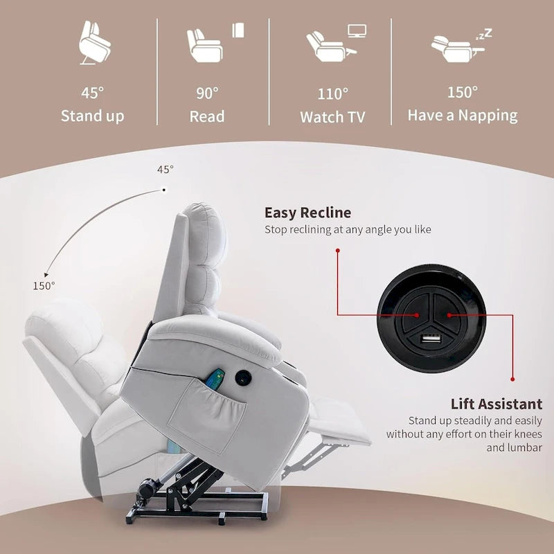 Fauteuil inclinable électrique surdimensionné avec massage et chauffage, en cuir PU avec poches, porte-gobelets et port USB