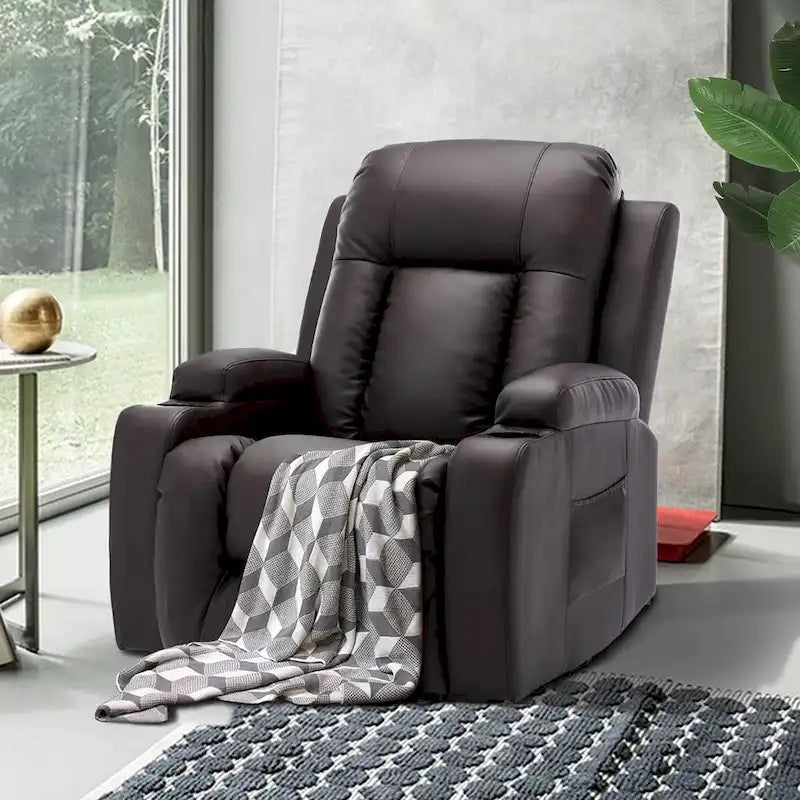 Fauteuil inclinable électrique surdimensionné avec massage et chauffage, en cuir PU avec poches, porte-gobelets et port USB