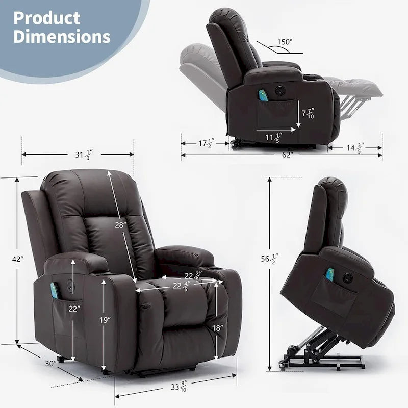 Fauteuil inclinable électrique surdimensionné avec massage et chauffage, en cuir PU avec poches, porte-gobelets et port USB