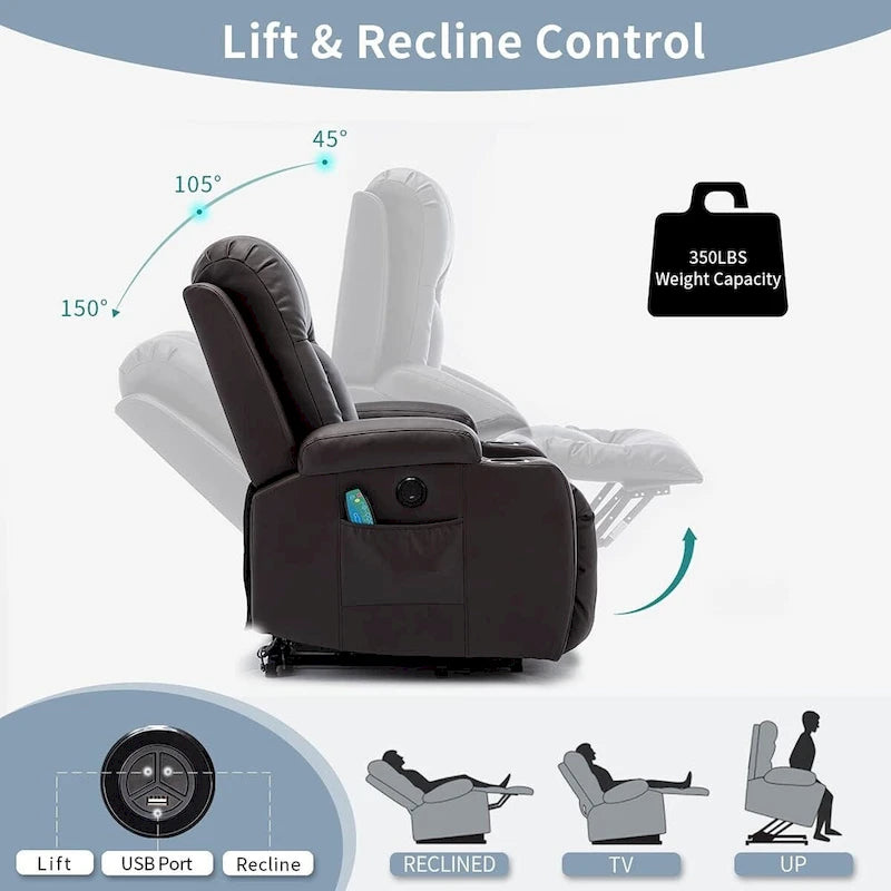 Fauteuil inclinable électrique surdimensionné avec massage et chauffage, en cuir PU avec poches, porte-gobelets et port USB