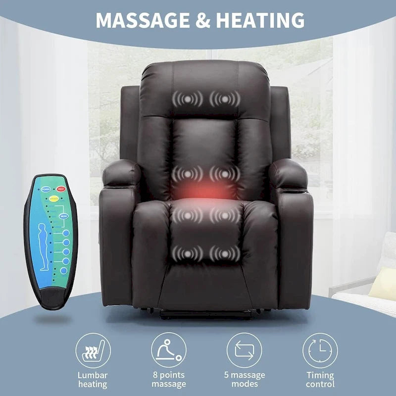 Fauteuil inclinable électrique surdimensionné avec massage et chauffage, en cuir PU avec poches, porte-gobelets et port USB
