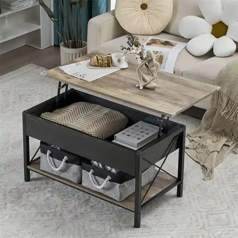 Table basse relevable de 91,4 cm avec bacs de rangement en tissu offerts – 49,5 P x 91,4 L x 47 H cm