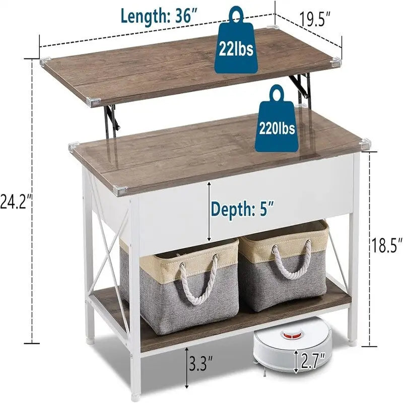 Table basse relevable de 91,4 cm avec bacs de rangement en tissu offerts – 49,5 P x 91,4 L x 47 H cm
