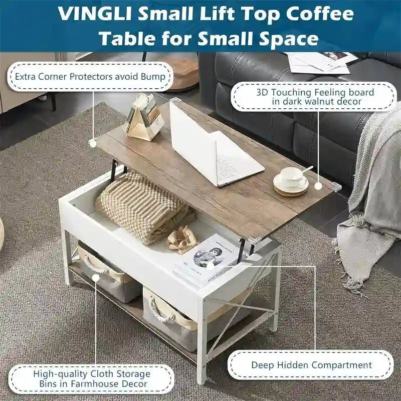 Table basse relevable de 91,4 cm avec bacs de rangement en tissu offerts – 49,5 P x 91,4 L x 47 H cm
