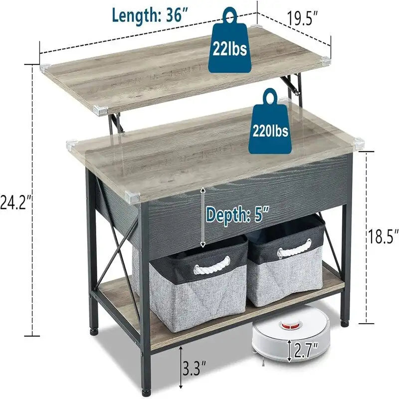 Table basse relevable de 91,4 cm avec bacs de rangement en tissu offerts – 49,5 P x 91,4 L x 47 H cm