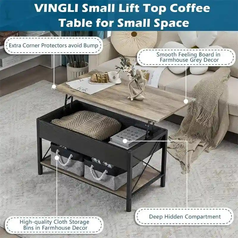 Table basse relevable de 91,4 cm avec bacs de rangement en tissu offerts – 49,5 P x 91,4 L x 47 H cm