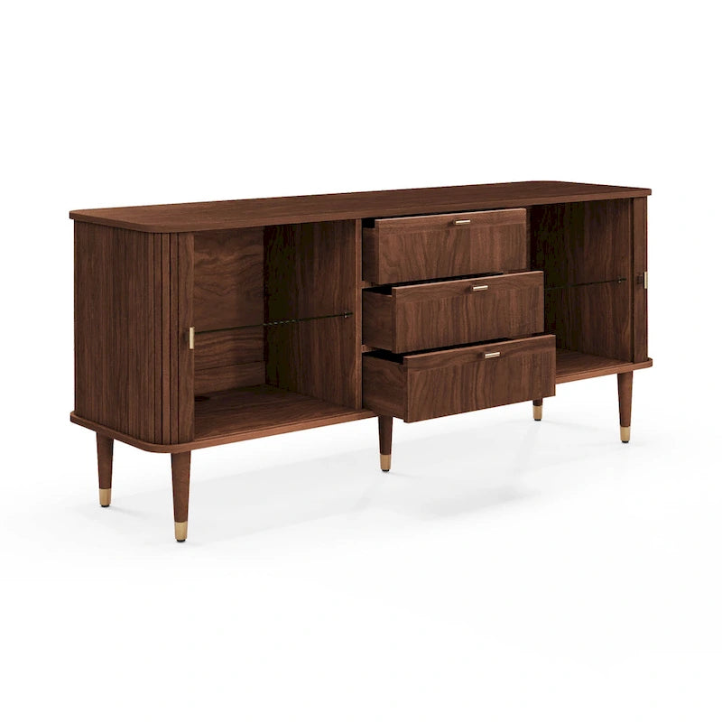 Buffet en bois de noyer à trois tiroirs, style médiéval-moderne.