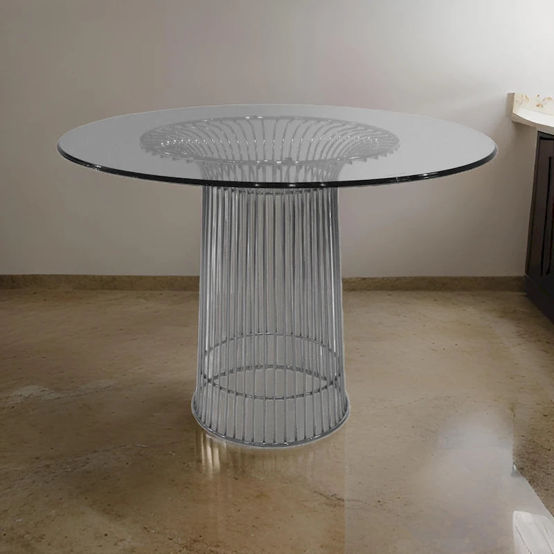 Pima 40 Inch Dining Table, Round Tempered Glass Top, Open Padestal Base