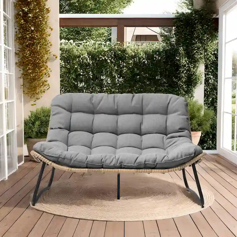 Causeuse double en rotin synthétique Papasan avec coussin pour l'intérieur et l'extérieur