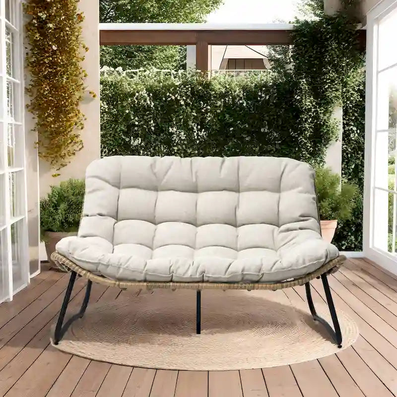 Causeuse double en rotin synthétique Papasan avec coussin pour l'intérieur et l'extérieur